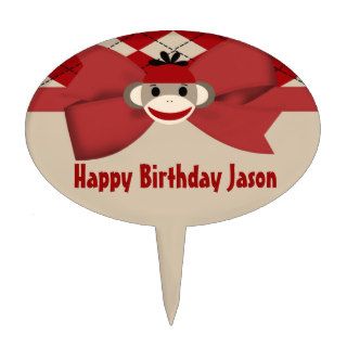 Sock Monkey Boy Gingham Birthday Party Oval Cake Toppers
