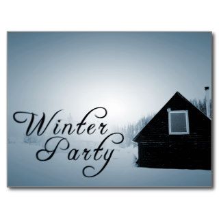 winter party  snowed in cabin postcard