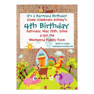 Barnyard Farm Animals Burlap Birthday Invitations