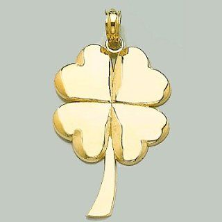 14k Gold Irish Holiday Necklace Charm Pendant, 4 leaf Clover With Stem, High Pol Jewelry