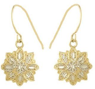 14k Gold Mini Flower With Filigree & White Diamond Cut Petals Wire Earrings Dangle Earrings Jewelry