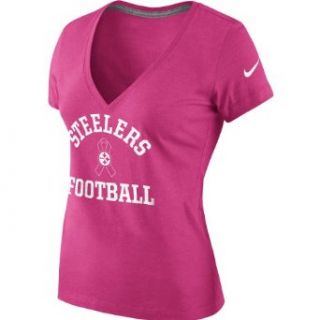 NIKE Women's Pittsburgh Steelers Breast Cancer Awareness V Neck T Shirt   Size Medium, Vivid Pink Clothing