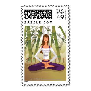Woman sitting in lotus position, meditating postage