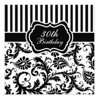 Black and White Floral Stripe 30th Birthday Invite