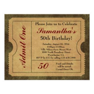 Elegant Vintage Gold Admit One 50th Birthday/Party Personalized Invite