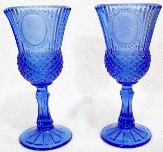 Vintage AVON Fostoria Cobalt Blue Glass Goblet Candleholders George & Martha Washington COLLECTIBLE Set of 2   Wine Glasses