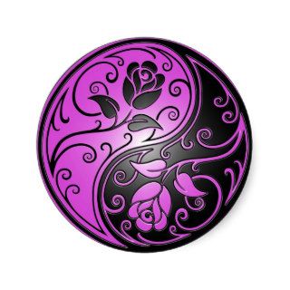 Yin Yang Roses, purple and black Round Stickers