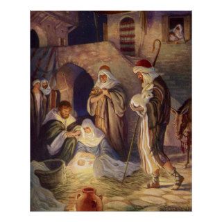 Vintage Christmas, Three Shepherds and Jesus Poster