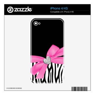 Zebra Faux Pink Bow Diamond Heart Skin For iPhone 4S