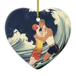 Vintage Art Deco Love Romantic Kiss Beach Wave Christmas Tree Ornaments