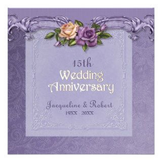 Damask and Roses Purple 15th Wedding Anniversary Personalized Invitations