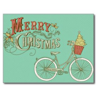 Green Vintage Merry Christmas Bicycle Postcards