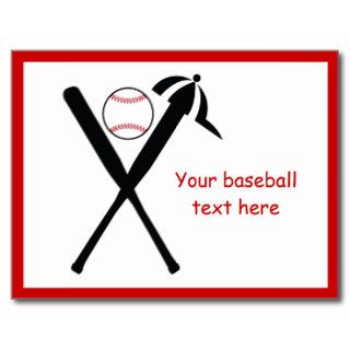 Baseball crossed bats and cap black, red custom postcard