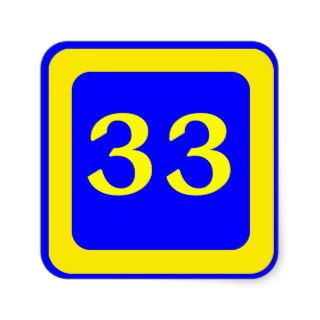 number 33, blue background, yellow frame sticker