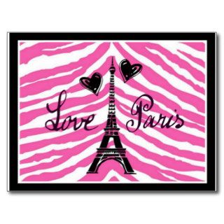 LOVE PARIS PINK ZEBRA EIFFEL TOWER HEART PRINT POSTCARDS