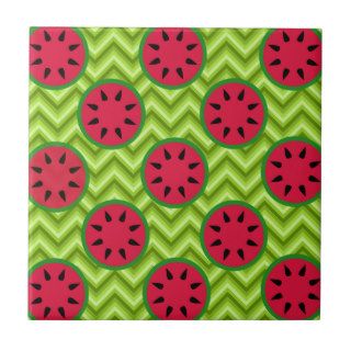 Bright Summer Picnic Watermelons on Green Chevron Ceramic Tile