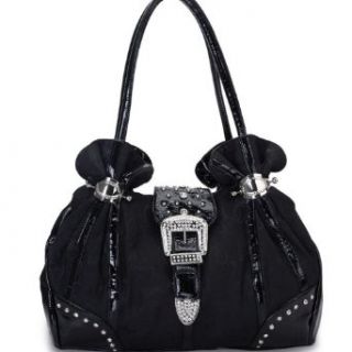 Designer Inspired Tote Handbag W/ Jacquard Fabric Heart Design & Rhinestone Buckle Black/ White Clothing