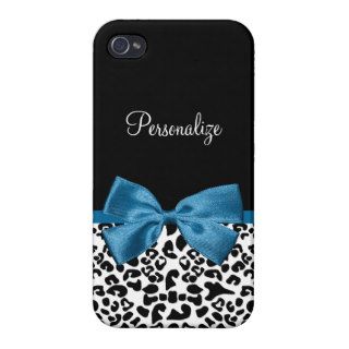 Leopard Print Chic Animal Pattern With Blue Bow iPhone 4 Covers