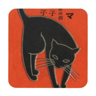 Black Cat, Art Deco, Japanese,Vintage Poster Drink Coaster