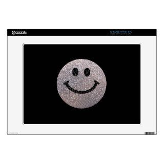 Silver faux glitter smiley face decal for 15" laptop