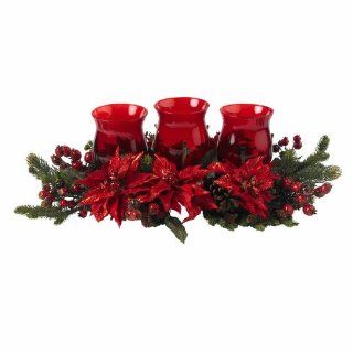 Nearly Natural 4914 Poinsettia and Berry Triple Candleabrum, Red   Holiday Figurines