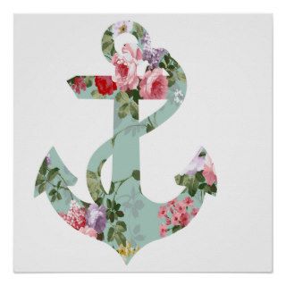 Vintage Red Pink Green Floral Pattern Anchor Posters