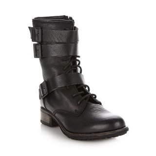 Faith Black leather strap lace up mid heel calf boots