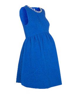 Maternity Blue Embellished Neck Textured Skater Dress