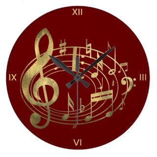 Notas musicales de oro en forma oval en rojo reloj de