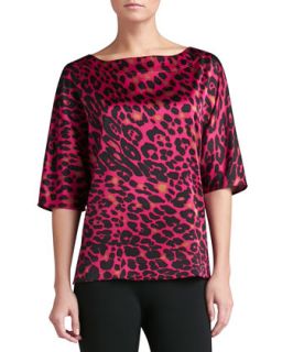 Womens Leopard Print Stretch Silk Charmeuse Bateau Neck Dolman Sleeve Blouse  