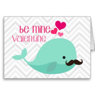Funny Whale with Mustache Be Mine Valentine Greeting Cards