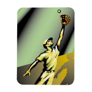 Baseball player leaping to catch baseball rectangular magnet
