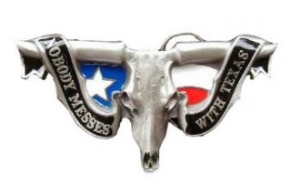 Nobody Messes With Texas Large Size Longhorn Skull W/Flag Colored Novelty Bel Clothing