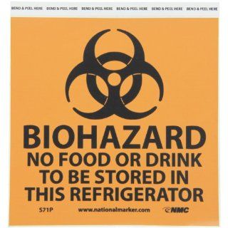 NMC S71P BIOHAZARD  Warning Sign, Legend "BIOHAZARD  NO FOOD OR DRINK TO BE STORED IN THIS REFRIGERATOR" with Graphic, 7" Length x 7" Height, Pressure Sensitive Vinyl, Black on Orange Industrial Warning Signs Industrial & Scientif