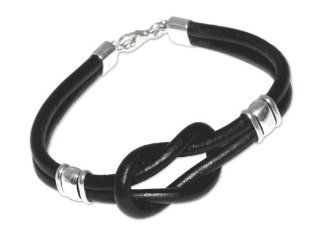Leather wristband bracelet, 'Twin Black Knots'   Leather Wristband Bracelet 925 Sterling Silver Jewelry