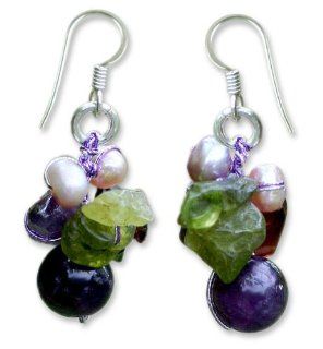 Garnet and amethyst cluster earrings, 'Bright Bouquet'   Handcrafted Amethyst and Pearl Dangle Earrings Jewelry