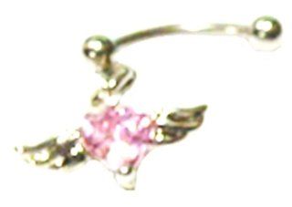 Eyebrow Dangle Winged Pink Gemmed Heart Microbarbell 16 Gauge Body Jewelry 