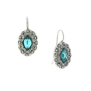 Teal Blue and Marcasite Oval Dangle Earrings Silver Tone 1928 Jewelry