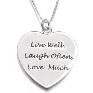 Sterling Silver Live Well   Laugh Often   Love Much Heart Pendant on 16in Necklace Jewelry