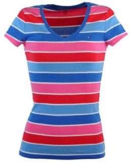 Tommy Hilfiger Womens V Neck Striped Logo T Shirt   XS   Blue/Pink/Red