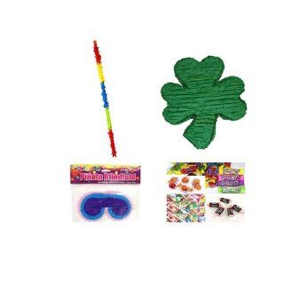 St. Patricks Day Shamrock Pinata Party Pack/Kit Including Pinata, Bit of Everyones Favorites Candy Filler Mix 3lb, Buster Stick and Blindfold Toys & Games