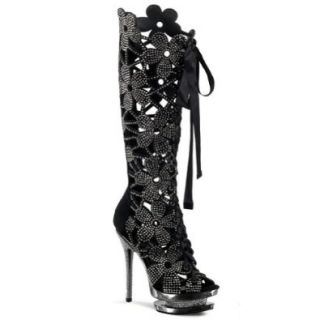 6 Inch Flower Cut Out Rhinestone Boots Women's High Heel Designer Black Boots Size 5 Shoes