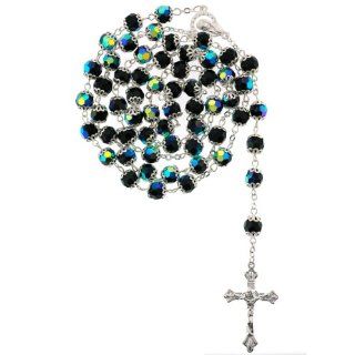 Silver Tone Linked Rosary with Faceted AB Black Beads with Silver Tone End Caps   33'' Necklace   22'' Overall Length Jewelry
