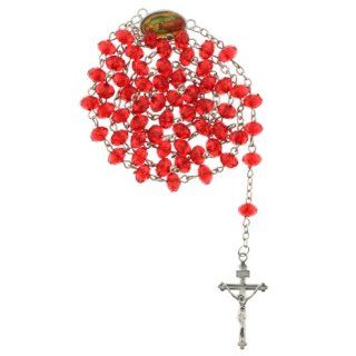 Red Bead Chain Link Rosary with Faceted Rondell Beads   Virgen de Guadalupe Centerpiece   26 in. Necklace   19 in. Overall Jewelry
