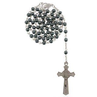 Hematite Link Rosary with 6mm Beads   St. Benedict Cross   27'' Necklace   20'' Overall Jewelry