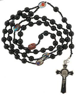 St. Benedict Black Glass Bead Rosary with Photographs   8mm Beads   30 in. Necklace   22 in. Overall Jewelry