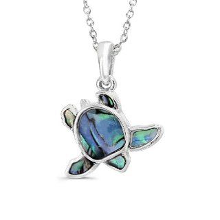 Paua (Abalone) Shell   Sea Turtle Inspired Design Pendant with Rhodium Plated Chain Necklace Jewelry