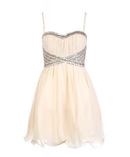 Cream Embellished Waist Strappy Prom Dress