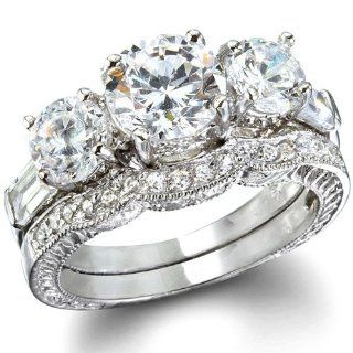 Fantasy Jewelry Box Womens Three Stone Past, Present & Future CZ Engagement Ring Set Jewelry