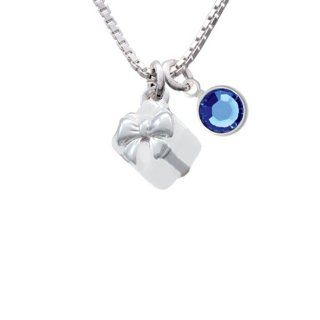 Small 3 D White Present Box with Silver Bow Charm Necklace with Sapphire Crystal Drop Pendant Necklaces Jewelry